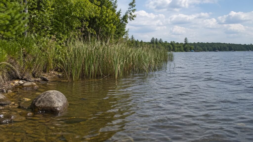 Michigan lake margin with reeds, nearby open water, and a quiet holding area suited to session adjustment decisions.