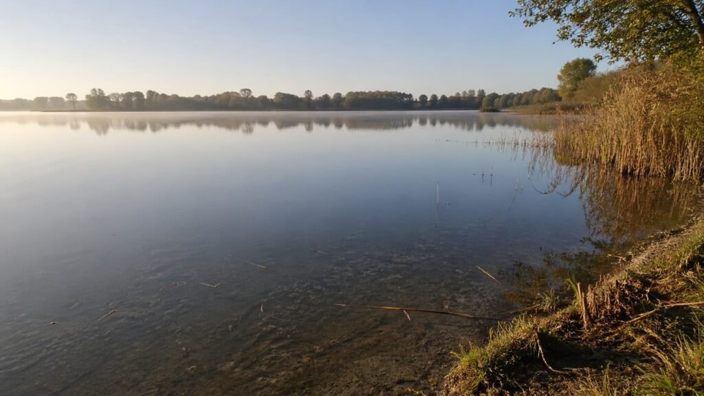 Michigan carp lake at first light with visible margins and a broad view suited to session planning.