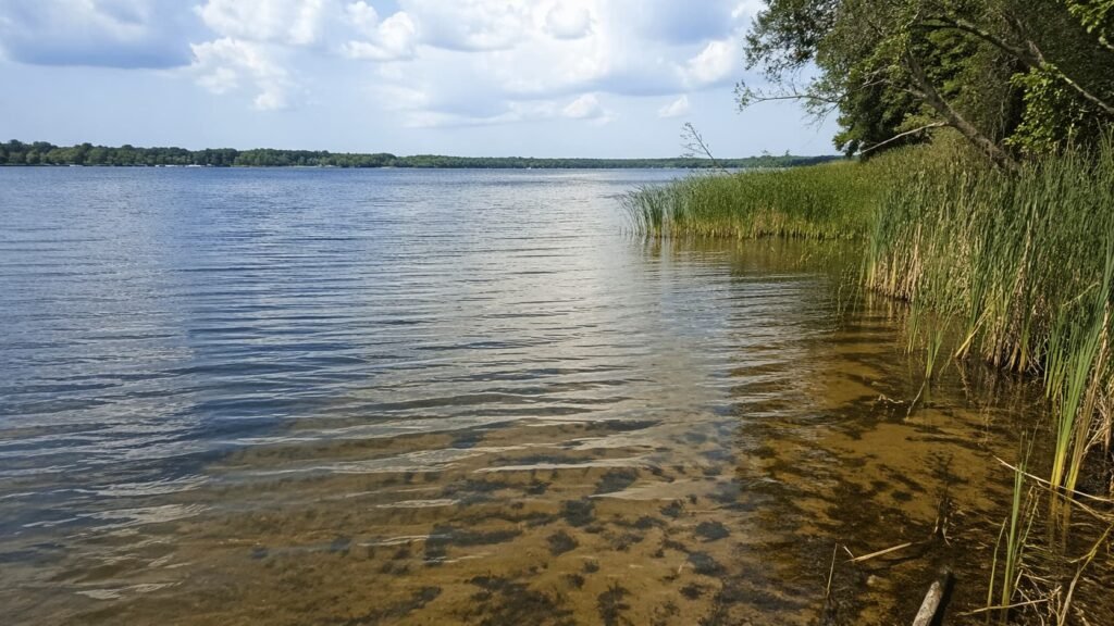 Michigan waterside scene showing open water beside a sheltered reed-lined margin with a natural route feel.