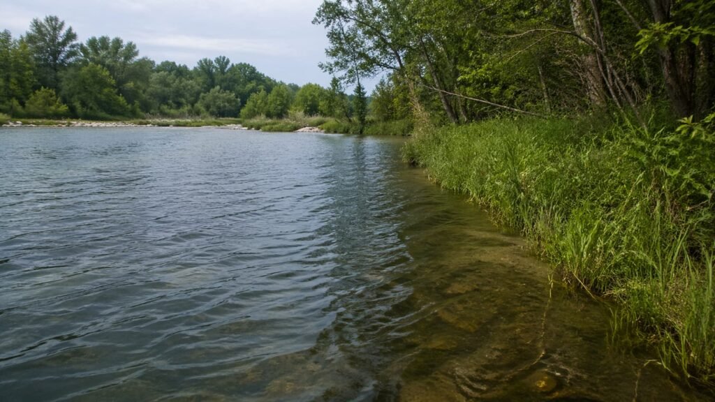 Michigan connected-water edge showing softer holding water beside gentle flow and bank cover.