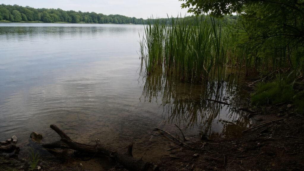 Quiet Michigan lake margin showing a likely pressured-carp holding area near cover.