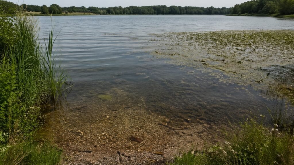 Michigan carp water showing a clean feeding area beside light weed and open water.