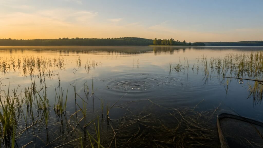 Michigan lake margin with subtle disturbed water and light weed suggesting a carp feeding window.