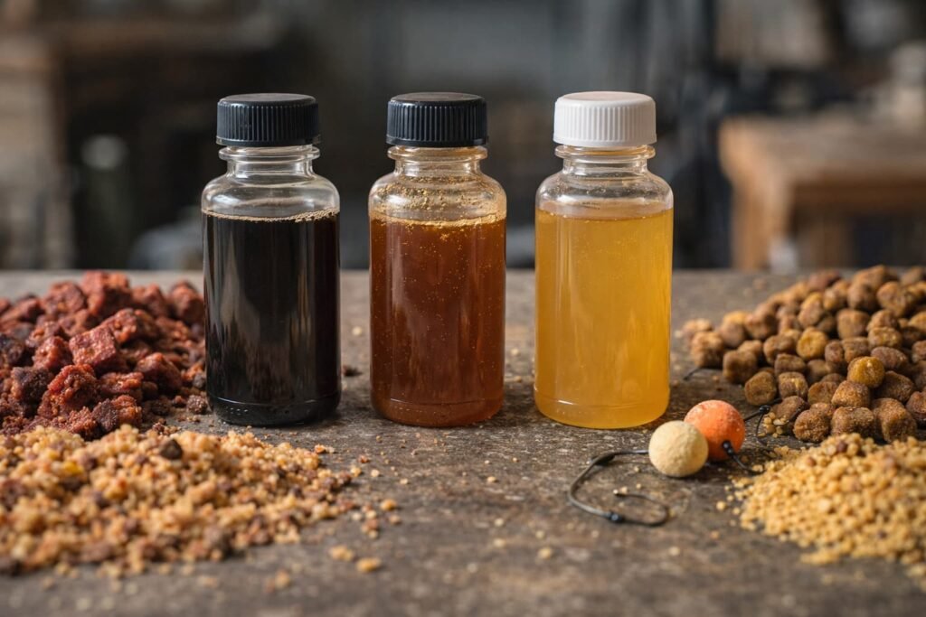 Fermented, hydrolysate-style, and sweet carp bait liquids compared on a bait bench.