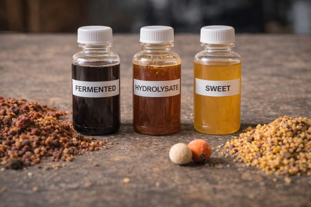 Three types of carp bait liquid shown side by side with treated bait samples.