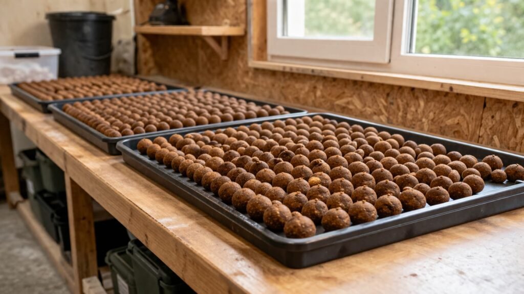 Freshly rolled carp boilies drying in neat trays on a clean bait-making bench under natural workshop light.