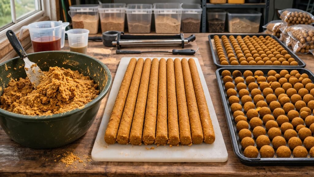 Three stages of homemade carp boilie making on a clean bait bench: paste, rolled sausages, and finished boilies drying on trays.