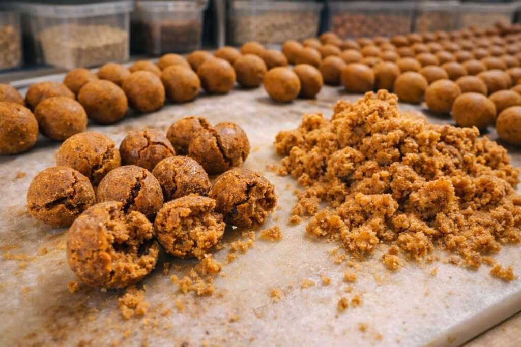 Cracked, split, and soft carp boilies showing common bait problems on a bait bench.