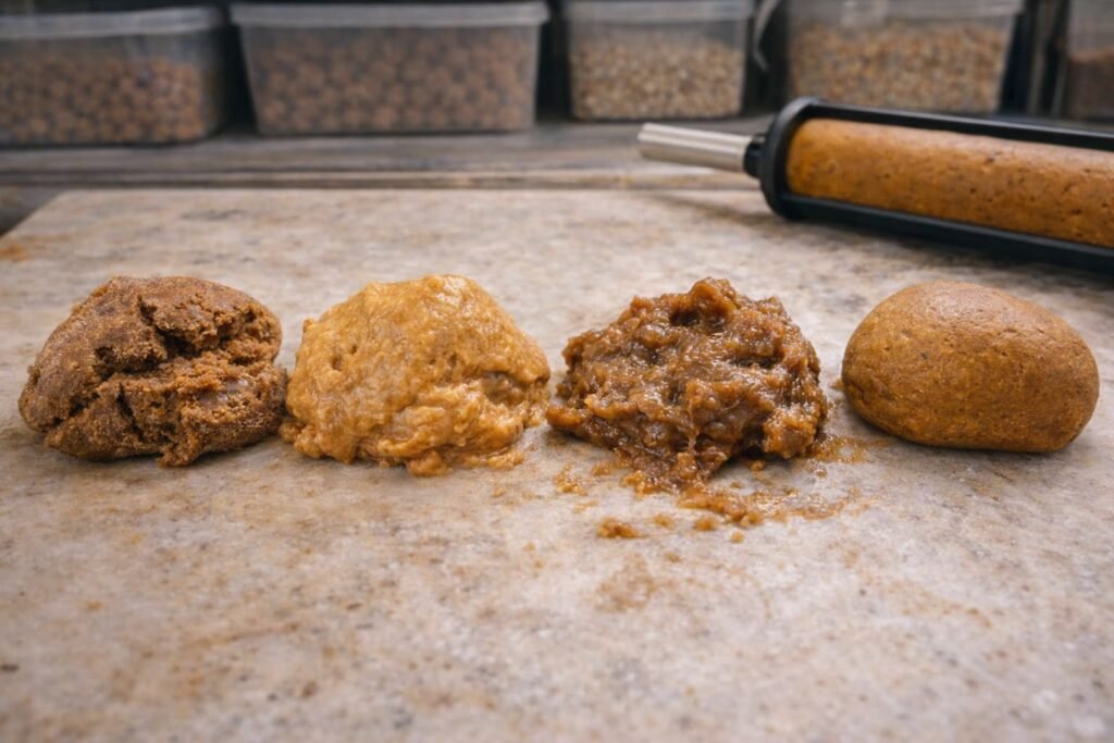 Different boilie paste consistencies on a bait bench showing stiff, soft, sticky, and correctly mixed paste.