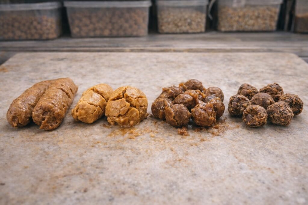 Common boilie making mistakes including cracked, misshapen, and uneven carp boilies on a bait bench.