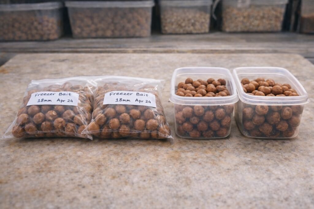 Freezer boilies and shelf life boilies stored neatly on a bait bench in labeled bags and tubs.