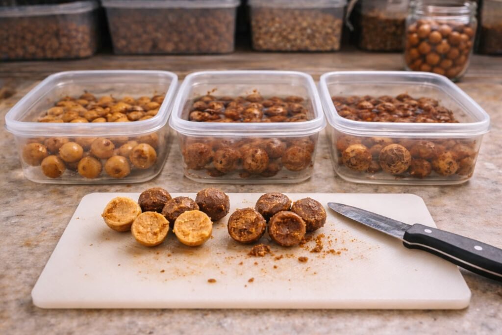 Carp boilies being tested in water and cut open on a bait bench before fishing.