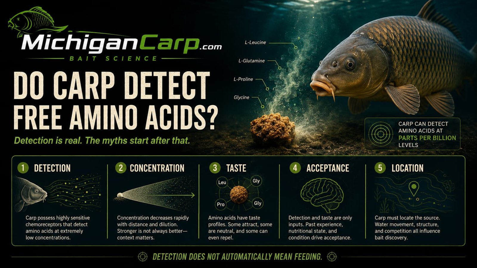 Do carp detect free amino acids infographic showing a carp approaching bait release with amino acid detection, concentration, taste, acceptance and location.
