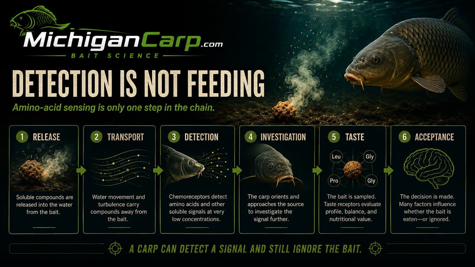 Detection is not feeding infographic showing release, transport, detection, investigation, taste and acceptance in the carp bait response chain.