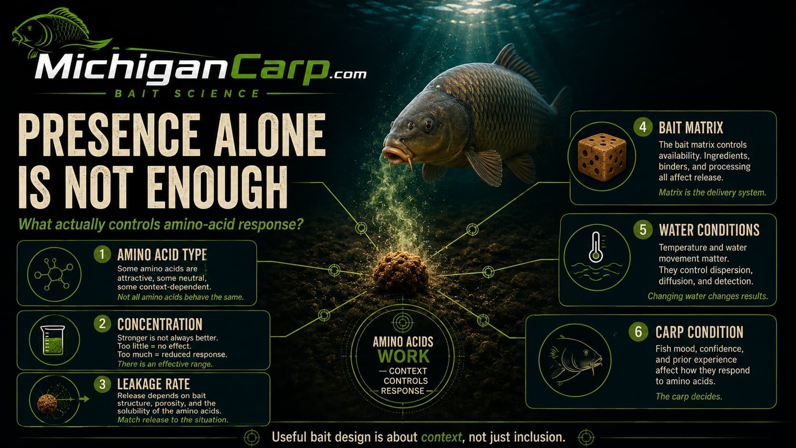 Presence alone is not enough infographic showing amino acid type, concentration, leakage rate, bait matrix, water conditions and carp condition.