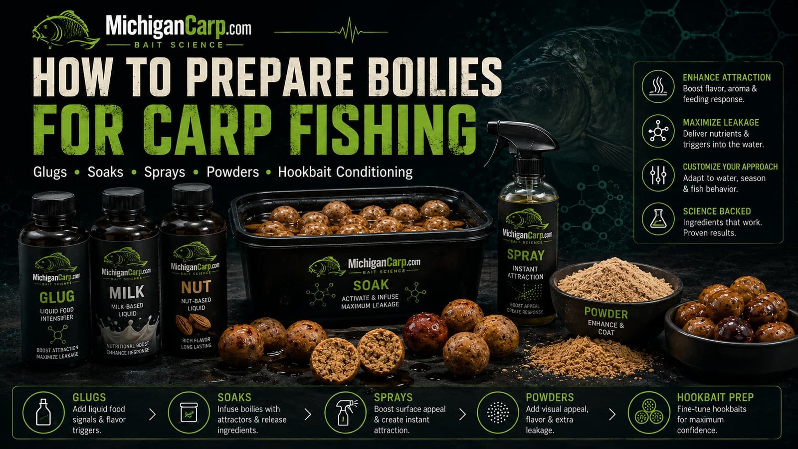 How to prepare boilies for carp fishing with glugs, soaks, sprays, powders and hookbait conditioning