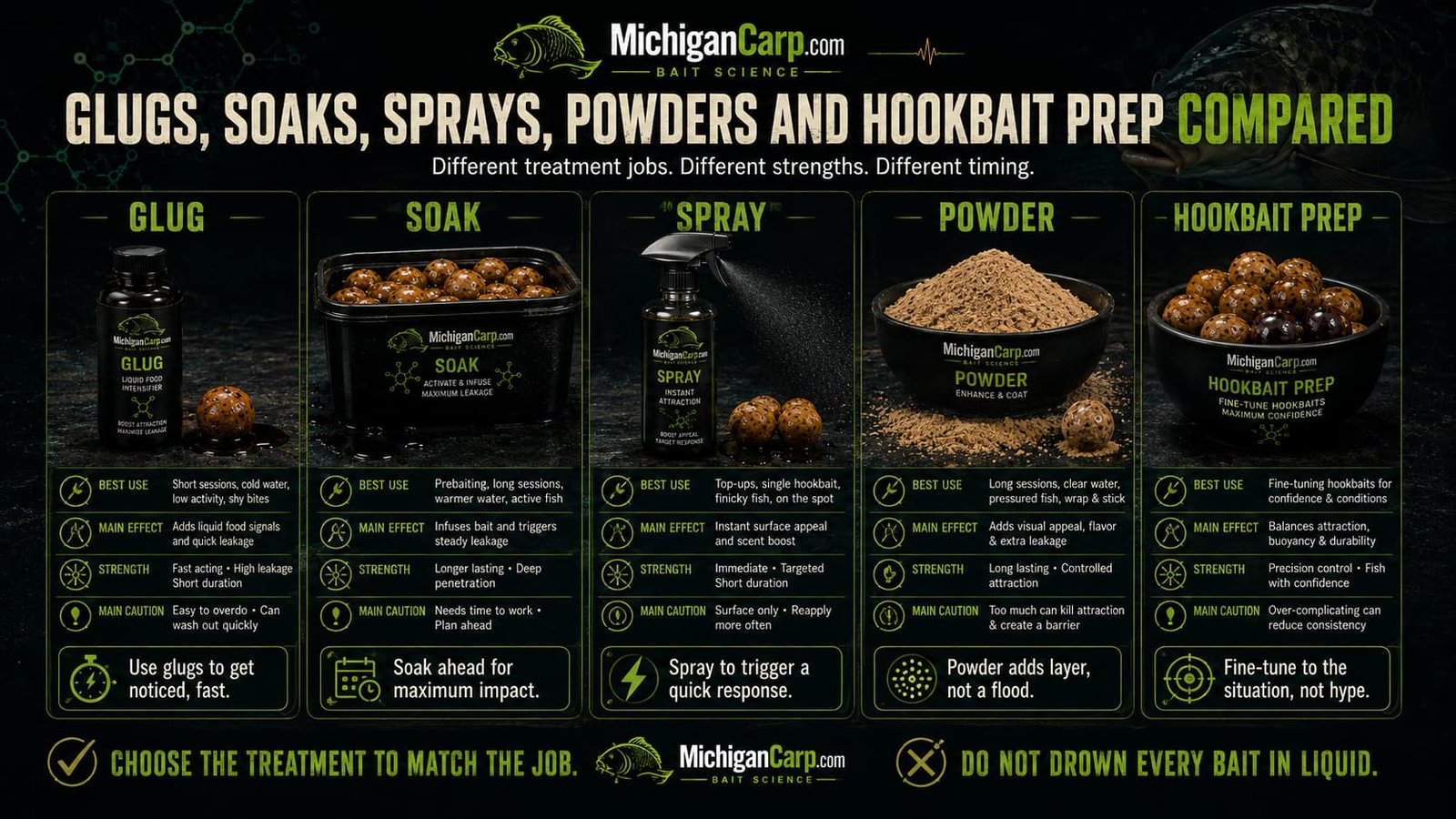 Boilie treatment comparison chart showing glugs, soaks, sprays, powders and hookbait conditioning