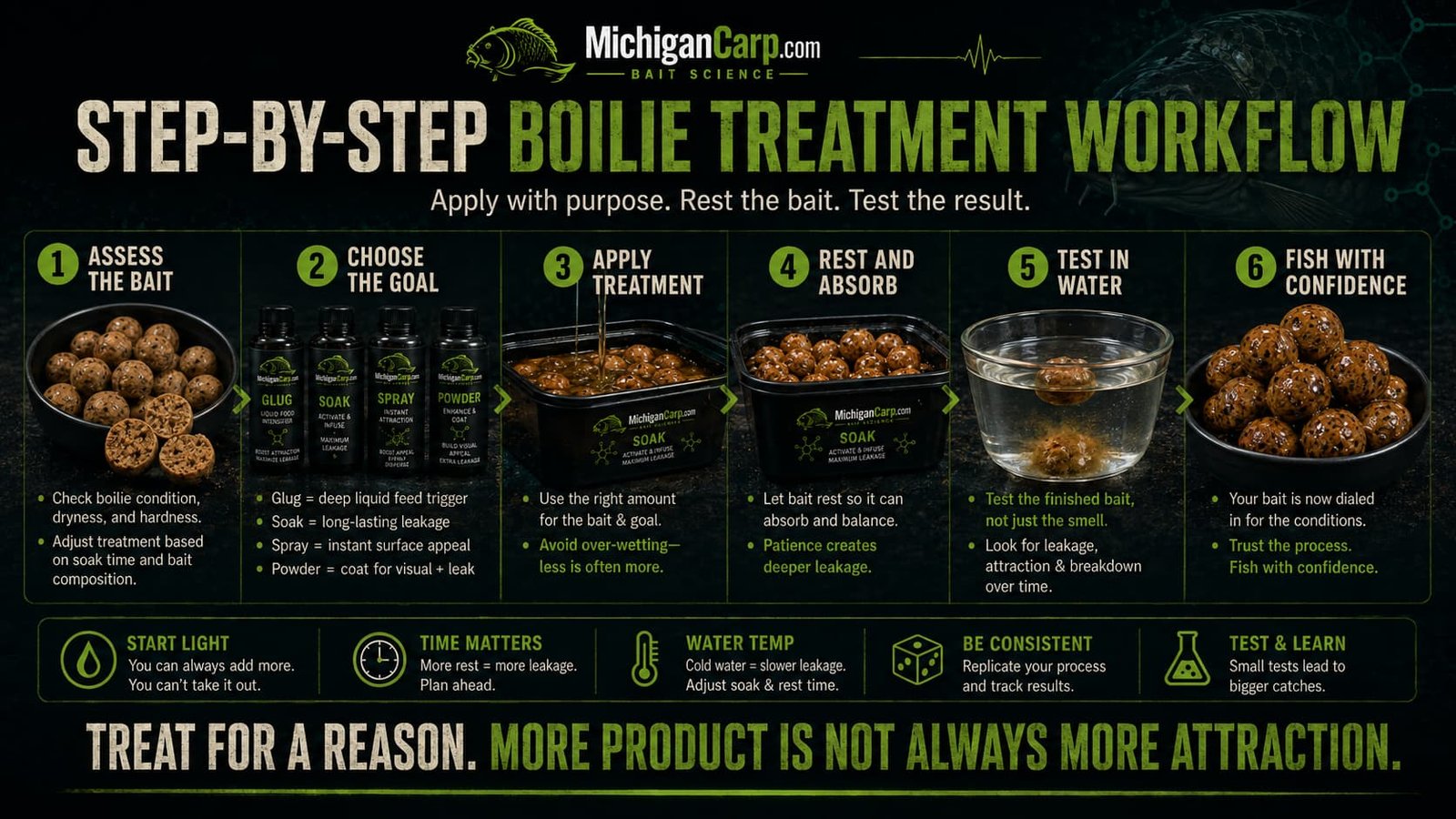 Step by step boilie treatment workflow for preparing carp bait with liquids, powders and hookbait prep