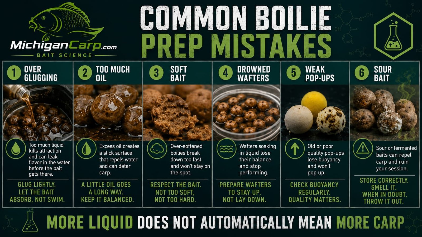 Common boilie preparation mistakes including over glugging, too much oil, drowned wafters and weak pop ups