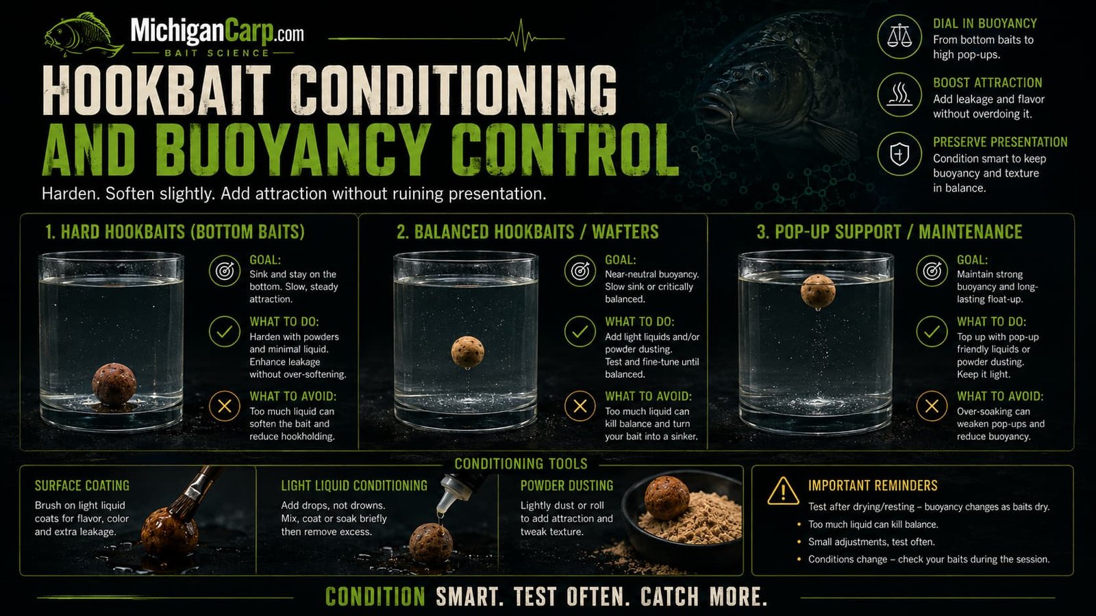 Hookbait conditioning and buoyancy guide for wafters, pop-ups and prepared carp hookbaits
