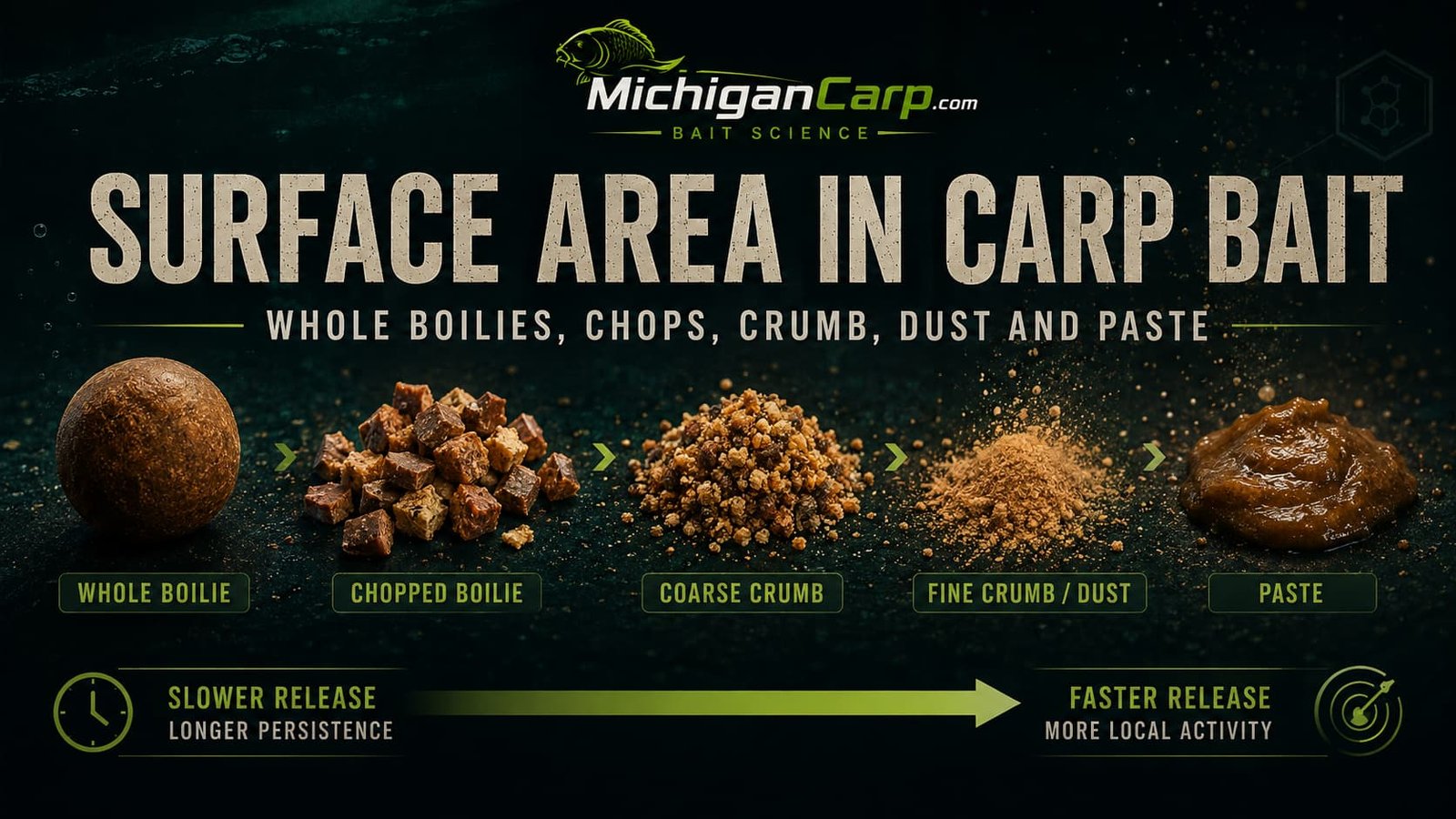 Surface area in carp bait comparing whole boilies, small boilies, chopped boilies, crumb and paste with different water contact and release behaviour.