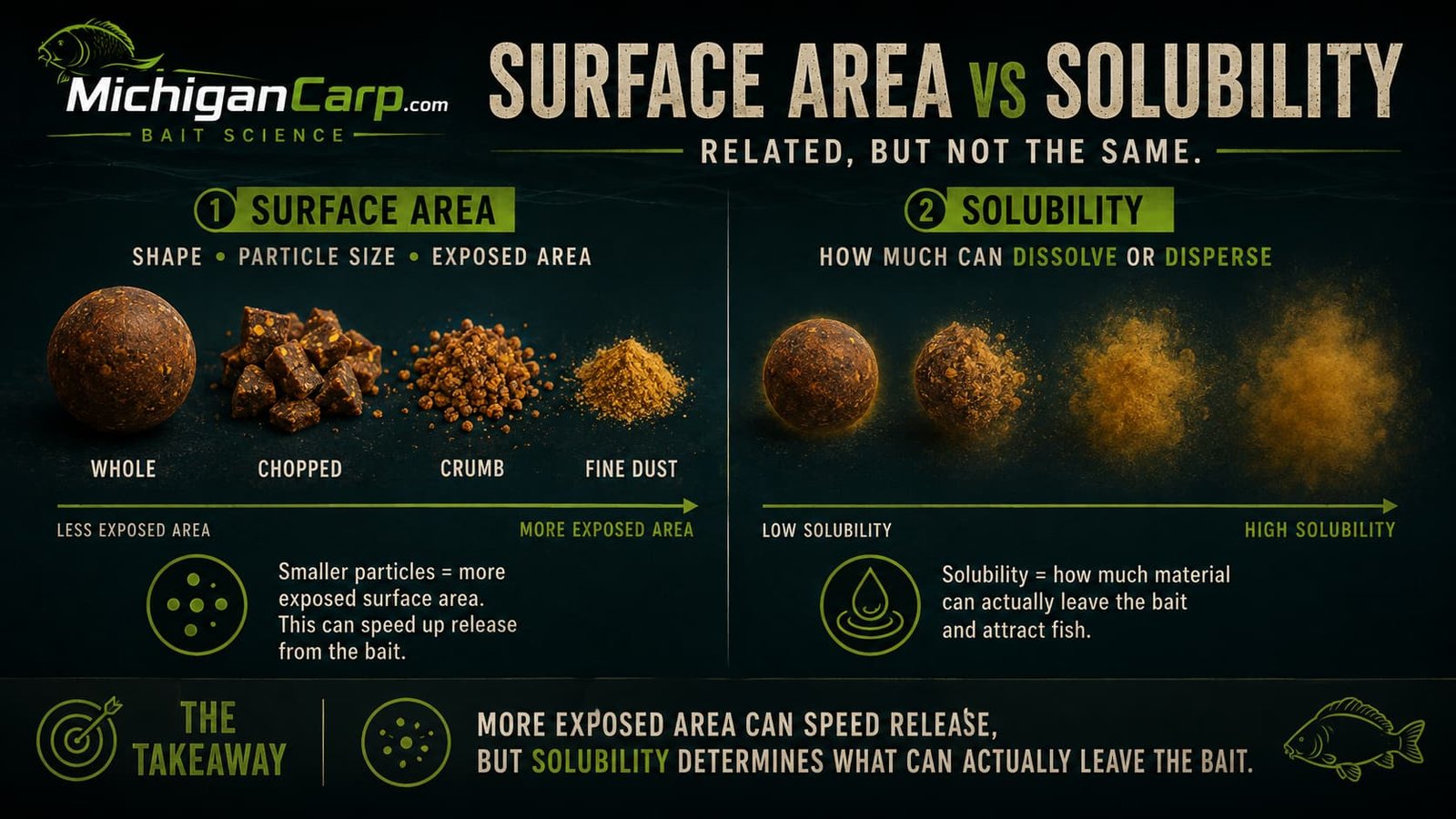 Surface area versus solubility in carp bait showing that crushing bait increases water contact but does not make insoluble ingredients chemically soluble.
