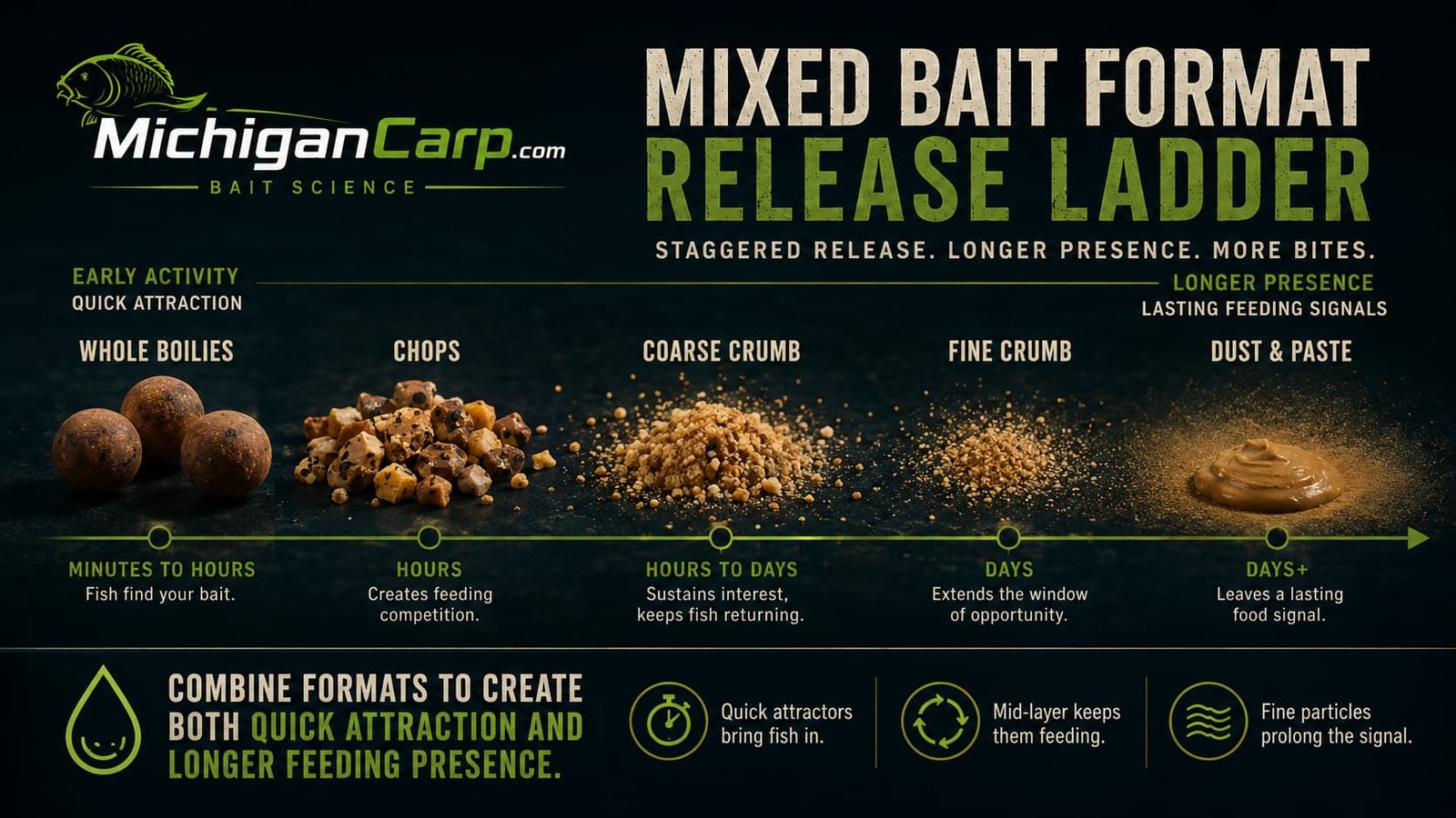 Bait format release ladder for carp bait comparing whole boilies, smaller boilies, halves, chopped boilies, coarse crumb, fine crumb, dust and paste.
