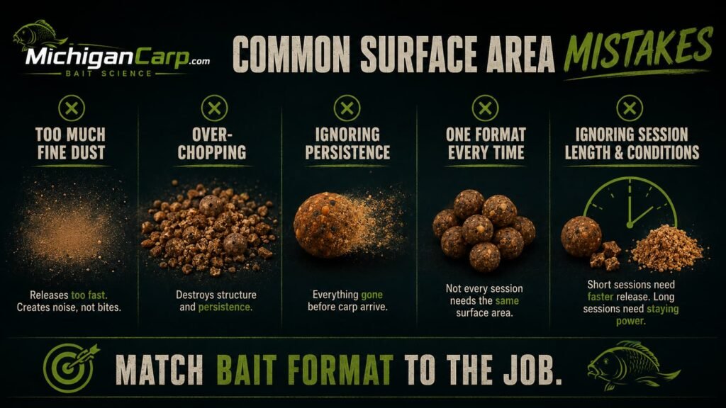 Common surface area mistakes in carp bait including turning everything to dust, confusing clouding with solubility, ignoring session length and replacing location with bait format.