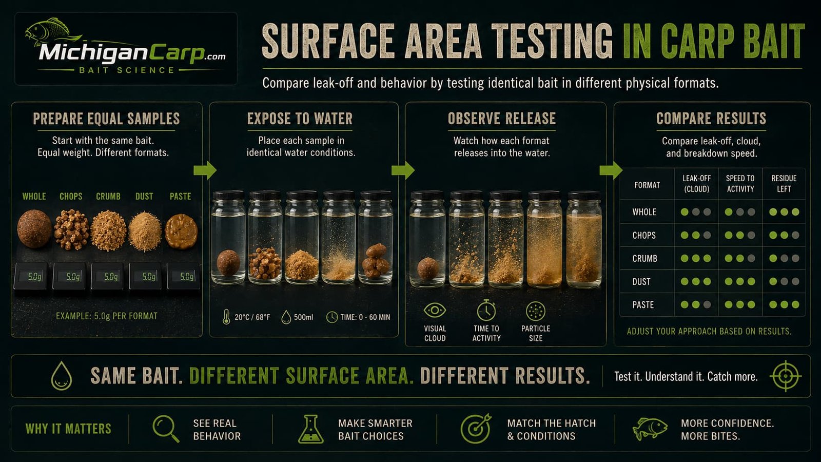 Surface area testing workflow for carp bait comparing whole boilies, halves, chops, coarse crumb and fine crumb in equal water volumes at fixed observation times.