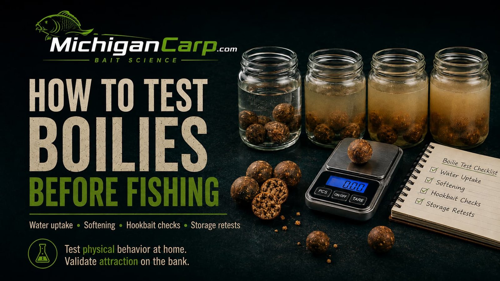 How to test boilies before fishing showing jars of water, cut boilies, water uptake checks, glugged bait and rigged hookbait durability testing.