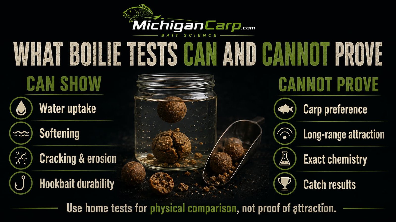 What boilie tests can and cannot prove showing water uptake, softening and hookbait durability on one side and carp preference, long-range attraction and chemistry claims on the other.