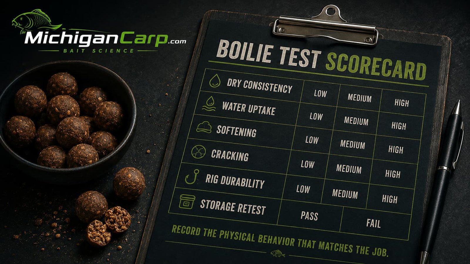 Simple boilie test scorecard showing dry consistency, internal structure, water uptake, softening, cracking, erosion, hookbait durability and storage retest.