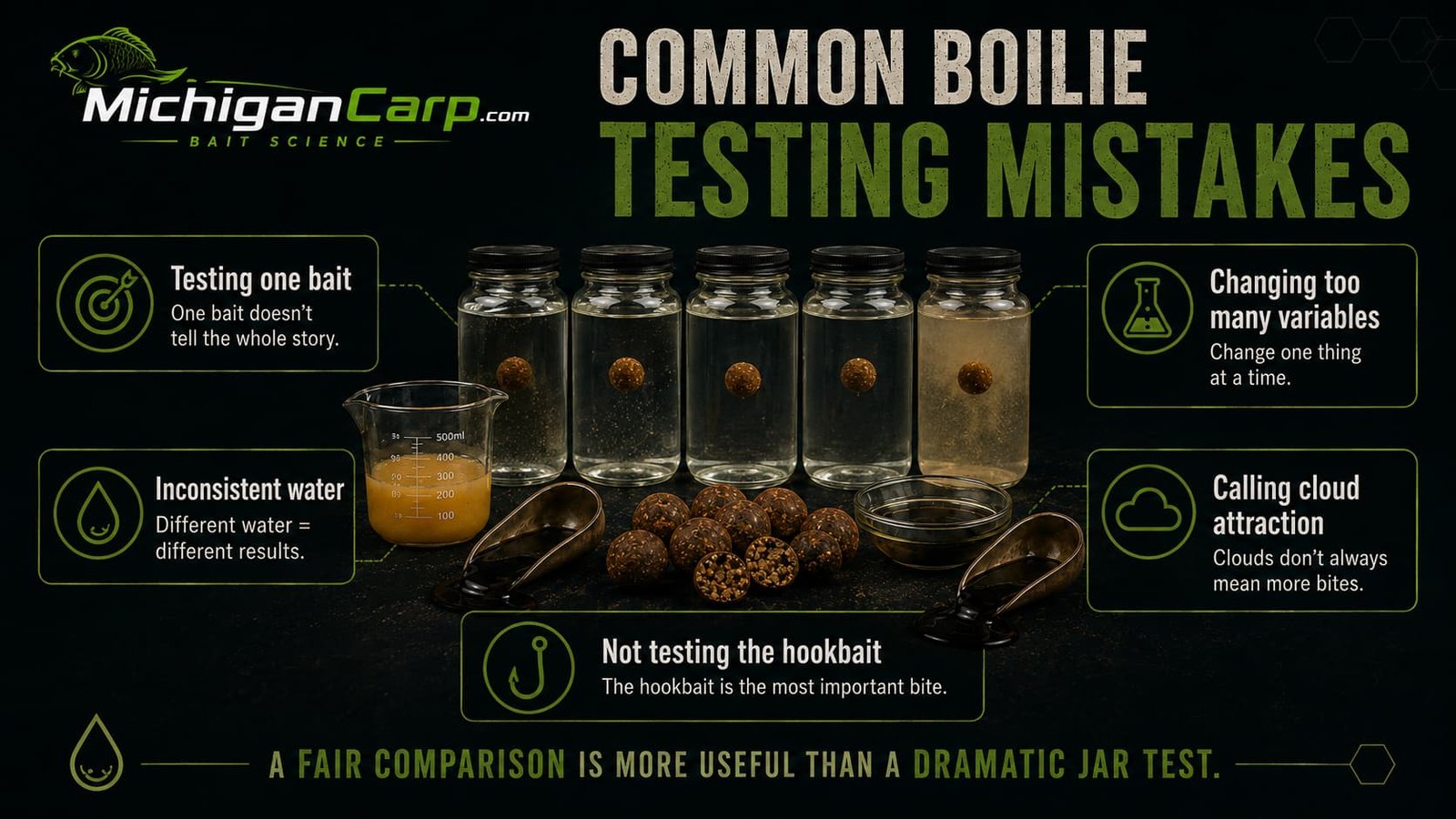 Common boilie testing mistakes including testing one bait, changing several variables, using inconsistent water, calling cloud attraction and not testing hookbaits on the rig.