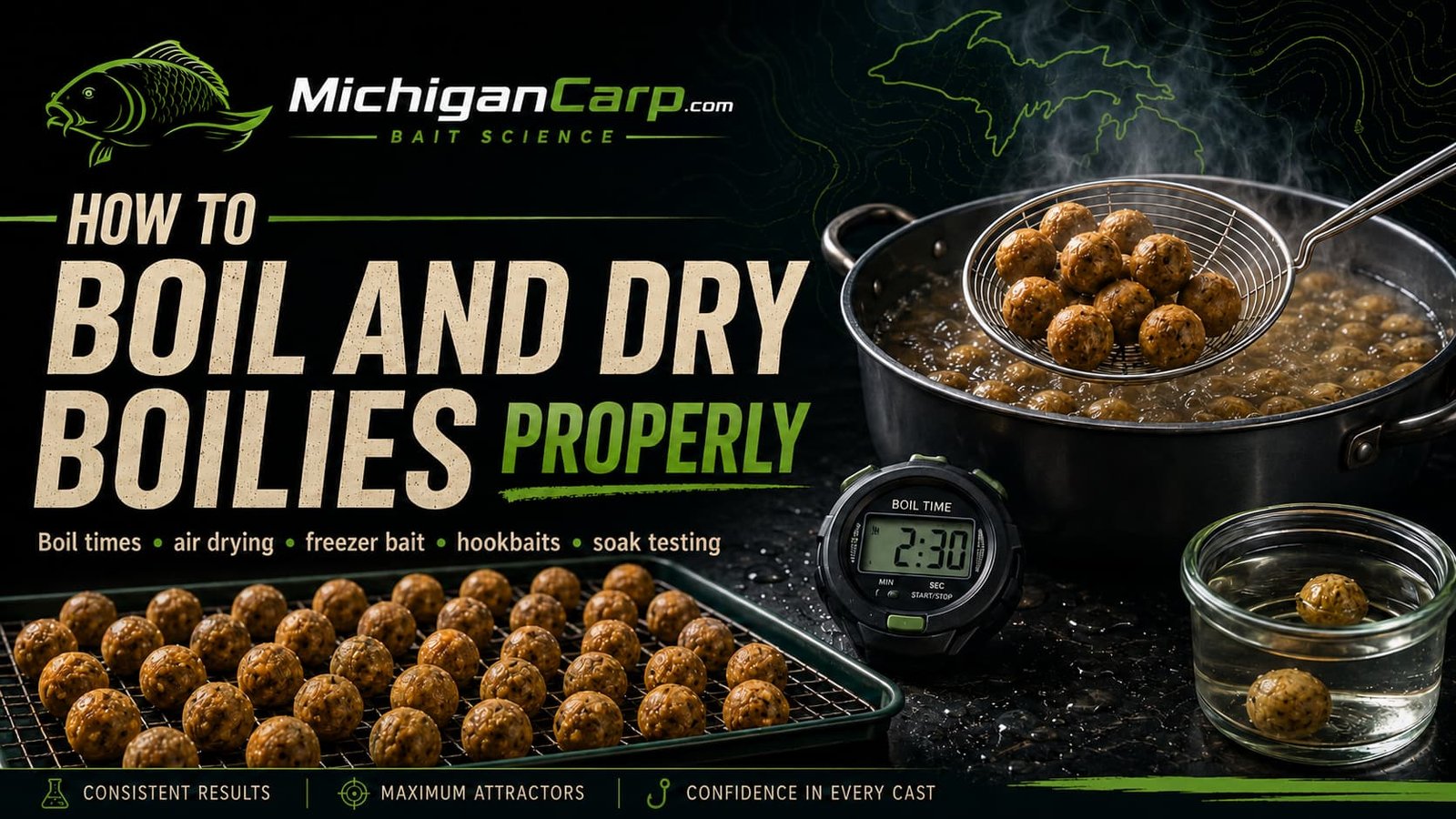 How to boil and dry boilies properly showing homemade boilies in a boiling pan, drying racks, timer, air drying and finished bait ready for testing.