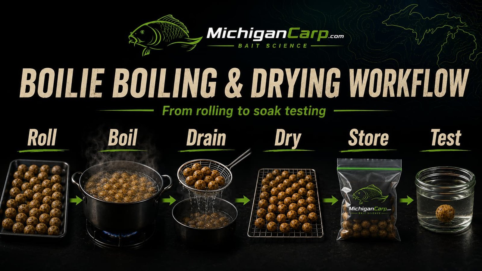 Homemade boilie boiling and drying workflow showing rolling boil, small batches, timer, draining, drying racks, freezer bags and soak testing.