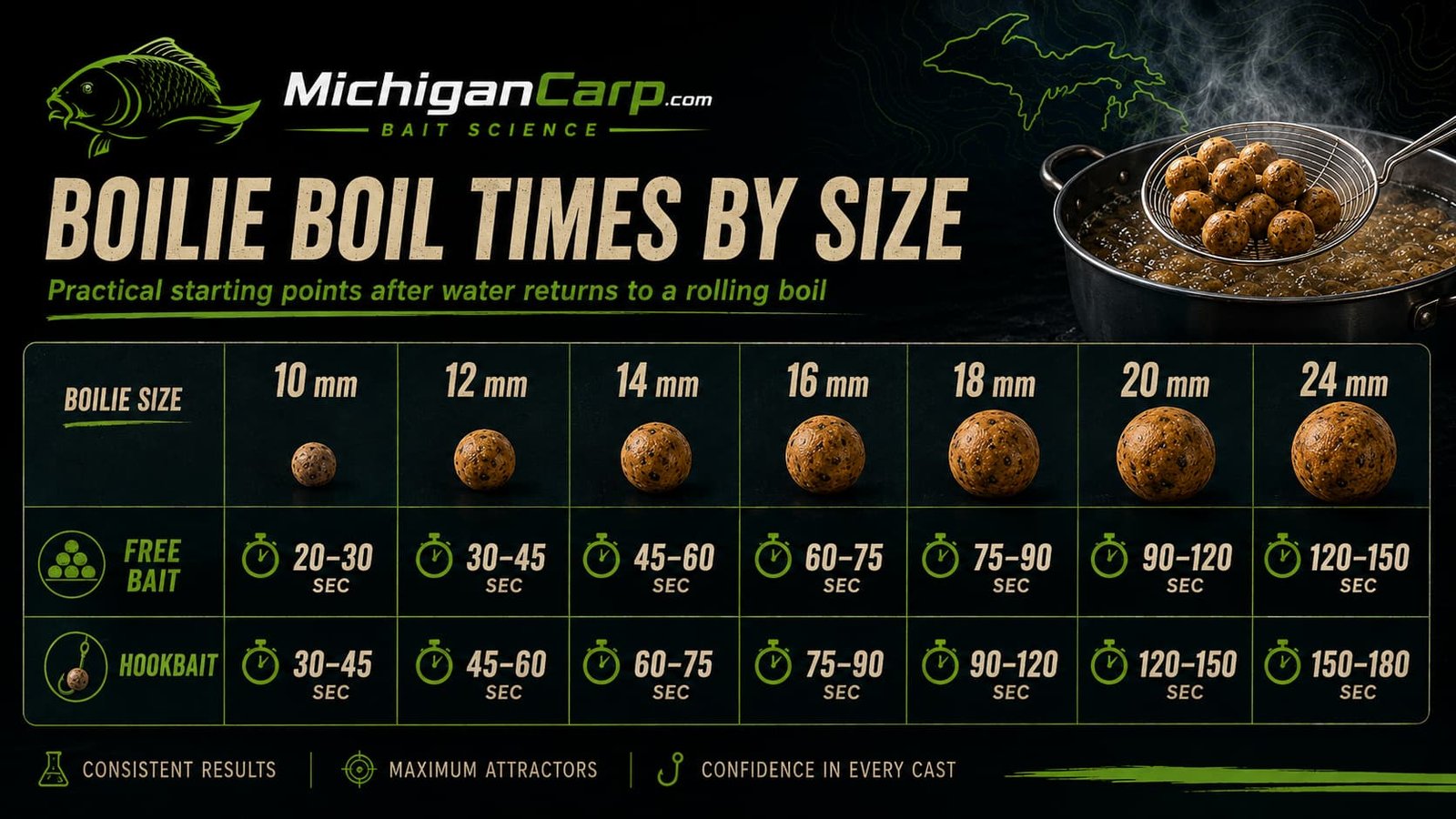 Boilie boil time by size chart showing starting boil times for 10 mm, 12 mm, 14 mm, 16 mm, 18 mm, 20 mm and 24 mm free baits and hookbaits.