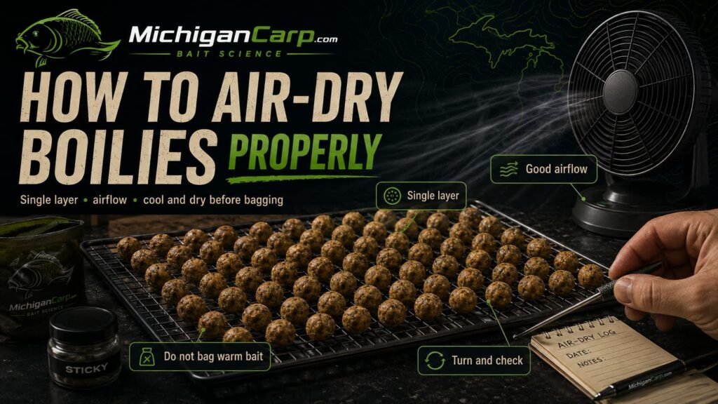 Boilie air drying setup showing homemade boilies spread in a single layer on racks with clean airflow, fan, labels and drying time notes.