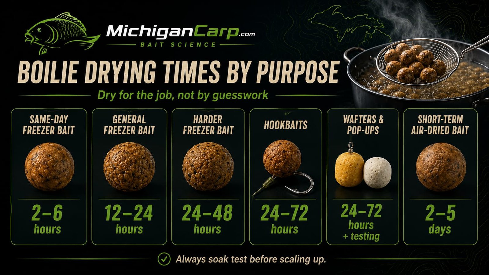  Boilie drying times by purpose showing same-day freezer bait, general freezer bait, harder freezer bait, hookbaits, wafters, pop-ups and short-term air-dried bait.