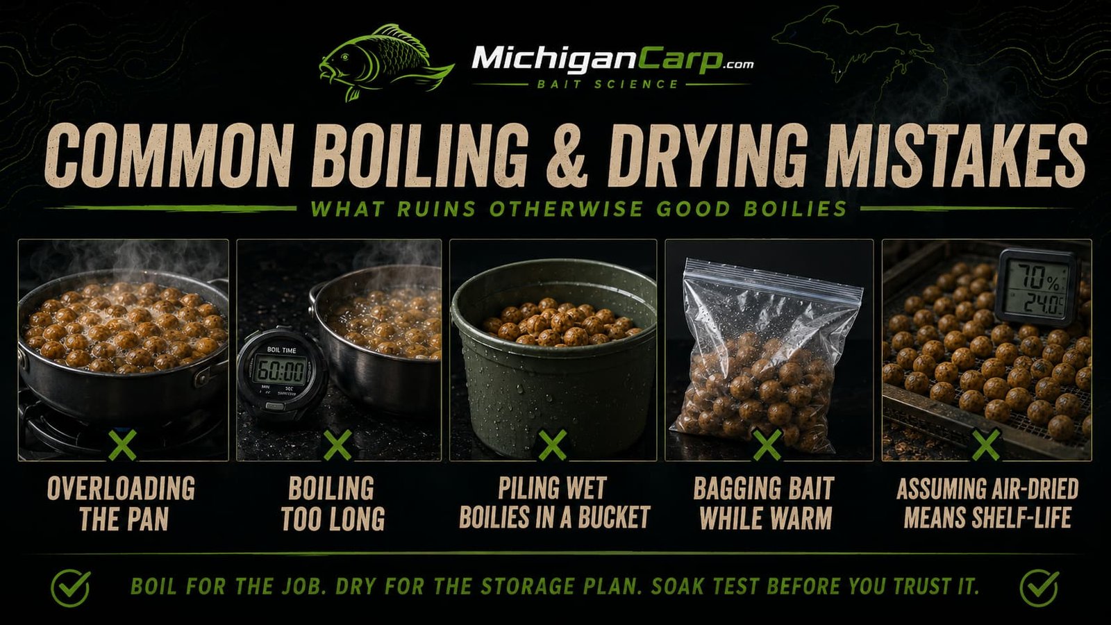 Common boiling and drying mistakes in homemade boilies including overloading the pan, over-boiling, piling wet boilies, freezing too wet and assuming air-dried means shelf-life.