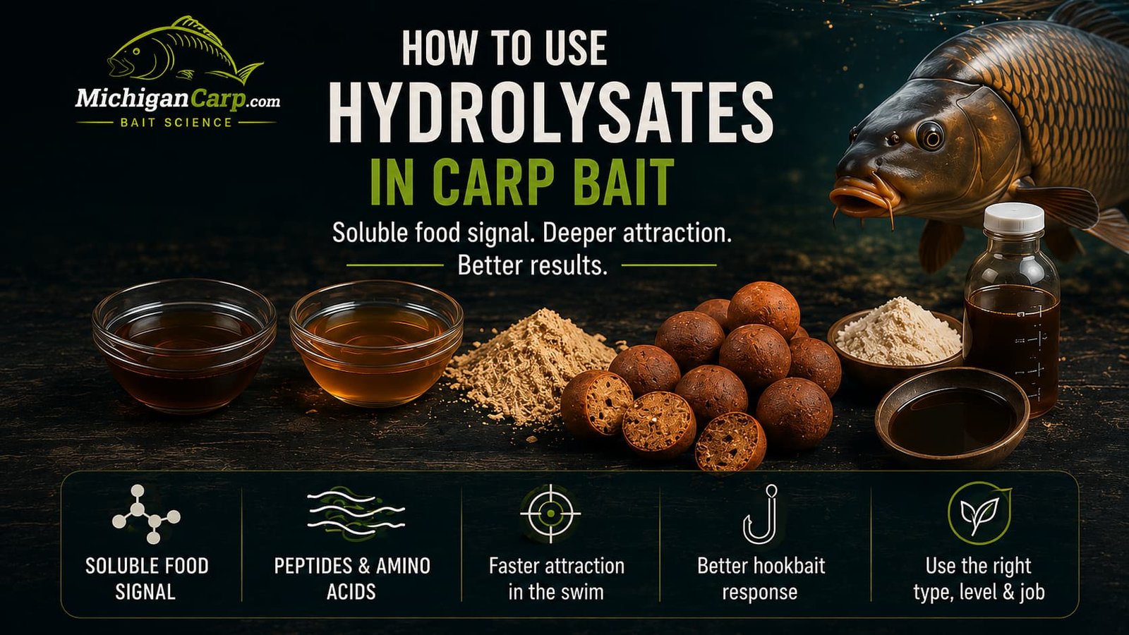 How to use hydrolysates in carp bait showing liver hydrolysate, whey hydrolysate, fish hydrolysate, yeast extract, boilies, glugs, hookbait prep and soluble food signals.