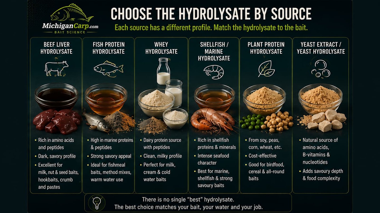 Hydrolysate source guide for carp bait showing liver hydrolysate, fish hydrolysate, whey hydrolysate, shellfish hydrolysate, plant hydrolysate and yeast extract with practical bait uses.