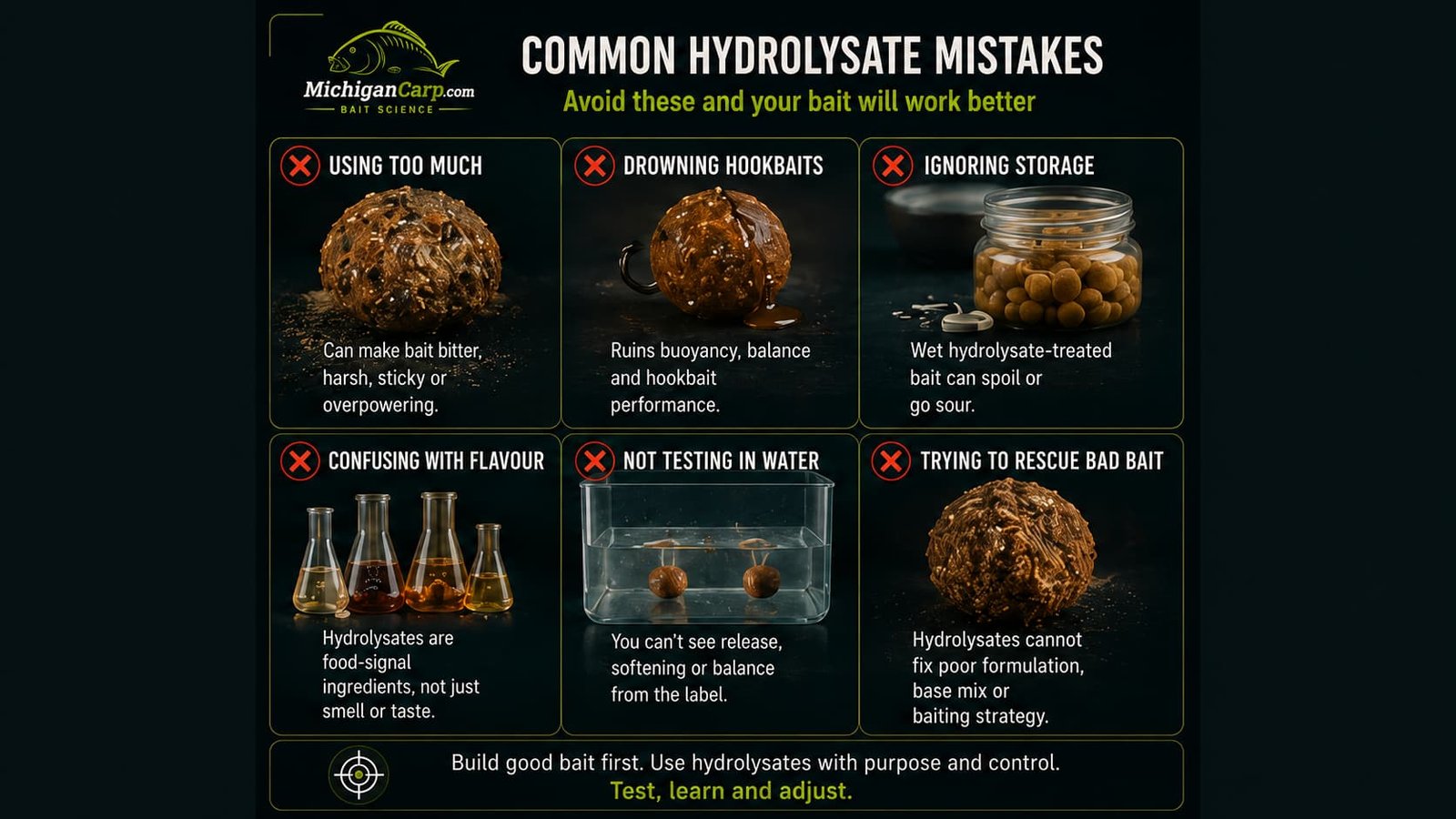 Common hydrolysate mistakes in carp bait including using too much, confusing hydrolysate with flavour, drowning hookbaits, ignoring storage and not testing in water.