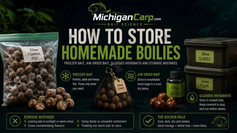How to store homemade boilies showing freezer bait bags, air-dried boilies, hookbait tubs, glugged bait, labels and shelf-life storage warnings.