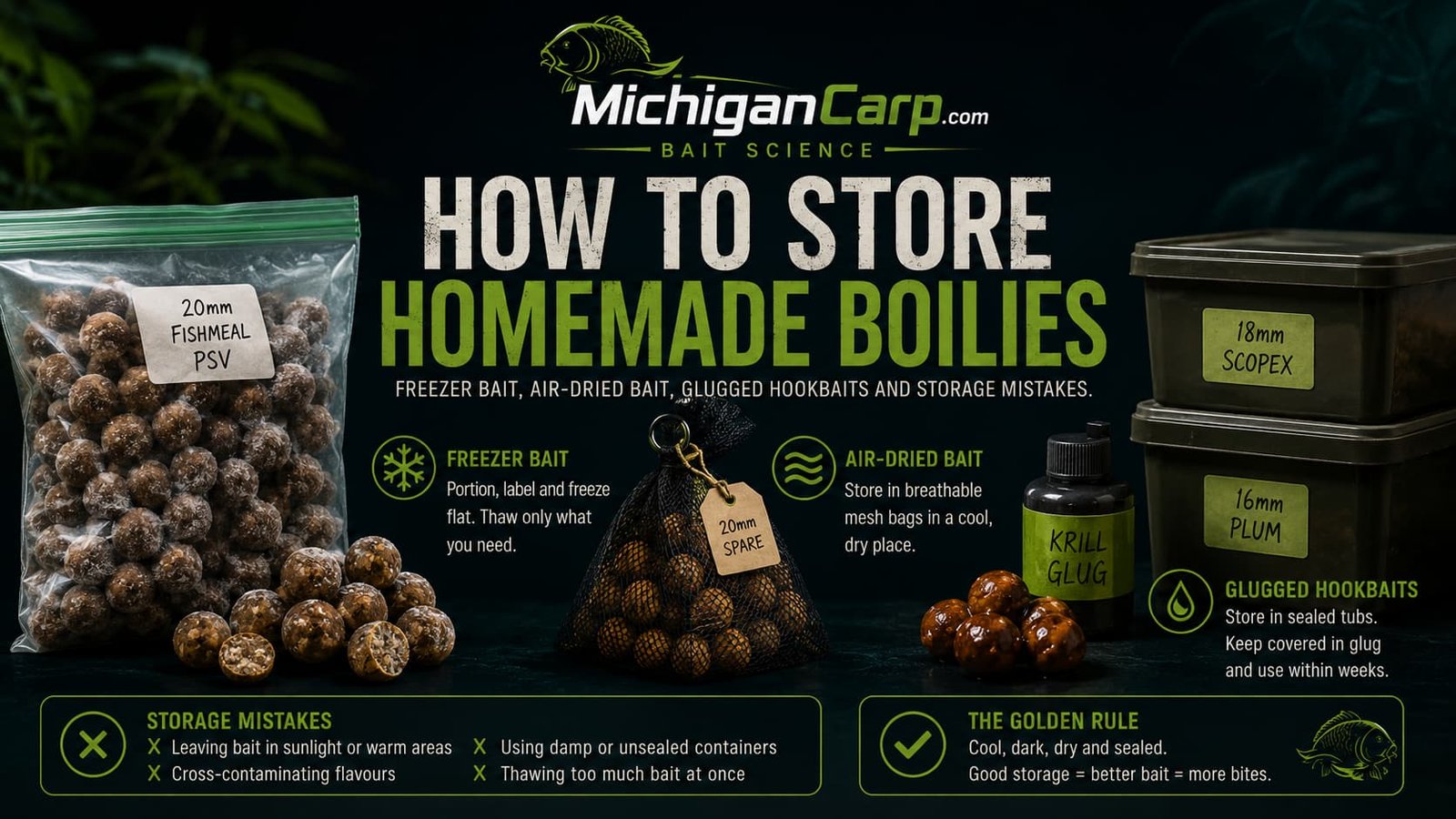 How to store homemade boilies showing freezer bait bags, air-dried boilies, hookbait tubs, glugged bait, labels and shelf-life storage warnings.