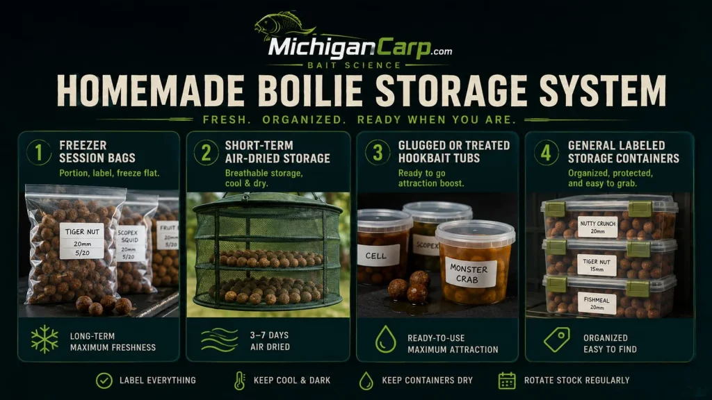 Homemade boilie storage system showing freezer bait bags, short-term air-dried boilies, shelf-life tubs, glugged hookbaits, labels and storage warnings.