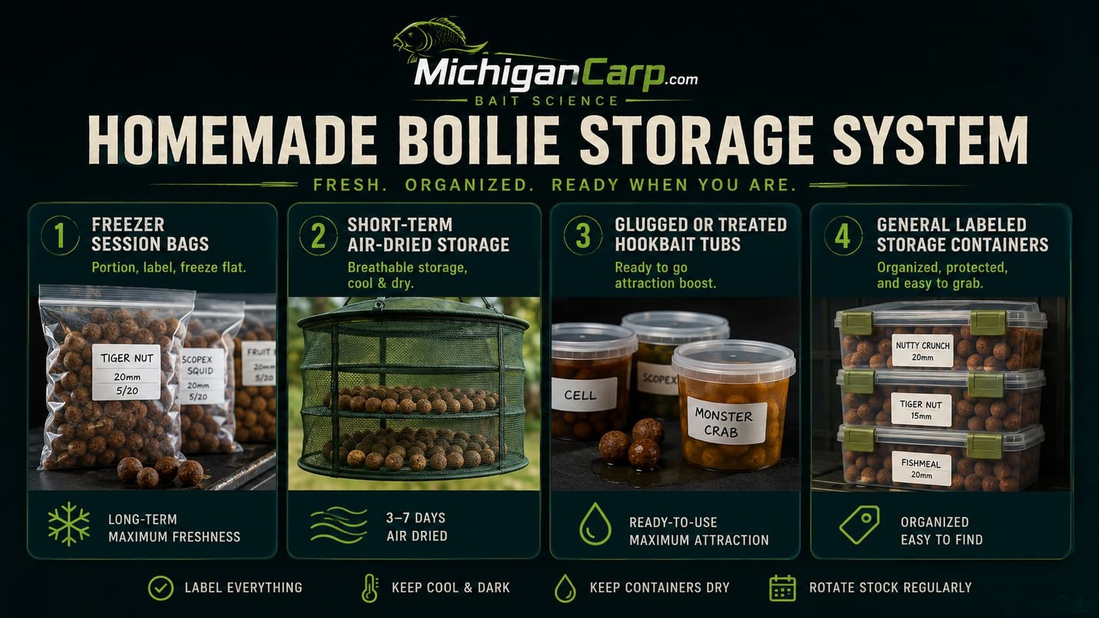 Homemade boilie storage system showing freezer bait bags, short-term air-dried boilies, shelf-life tubs, glugged hookbaits, labels and storage warnings.