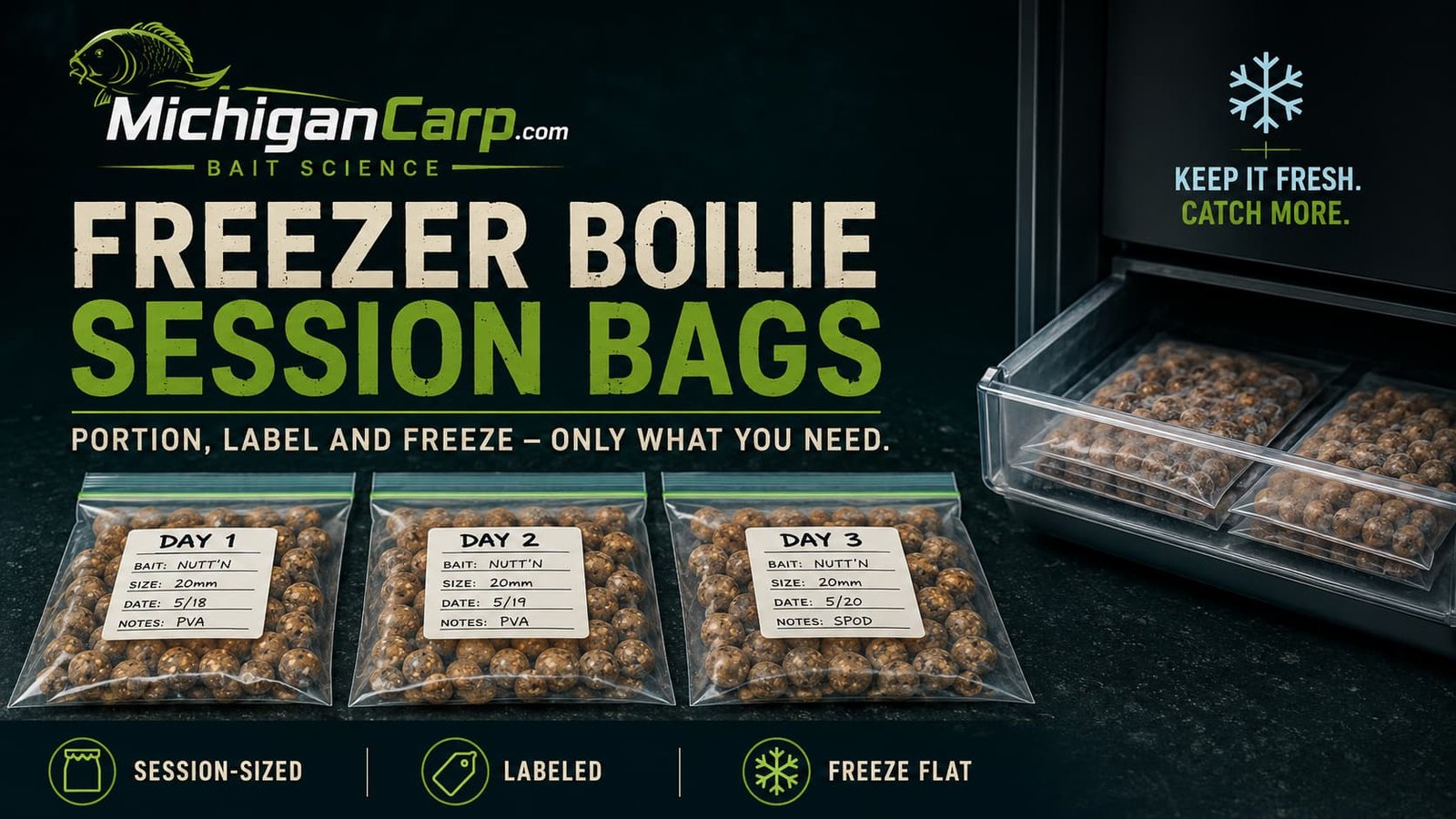 Freezer boilie storage system showing homemade boilies in labeled session bags with bait name, size, date, boil time, drying time and freezer storage notes.