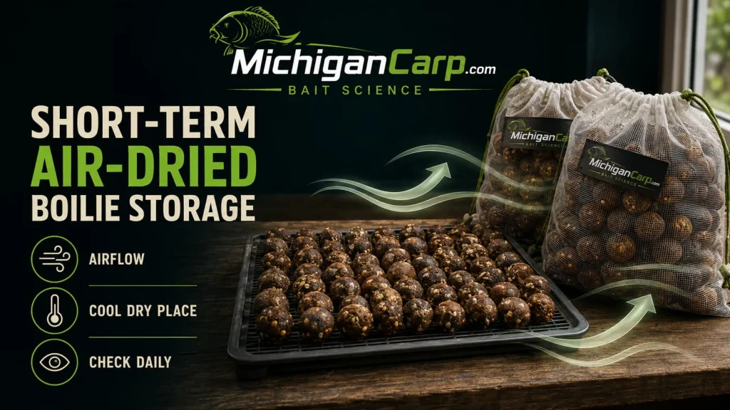 Short-term air-dried boilie storage showing mesh air-dry bags, drying racks, airflow, labels, daily checking and a warning that air-dried bait is not automatically shelf-life.