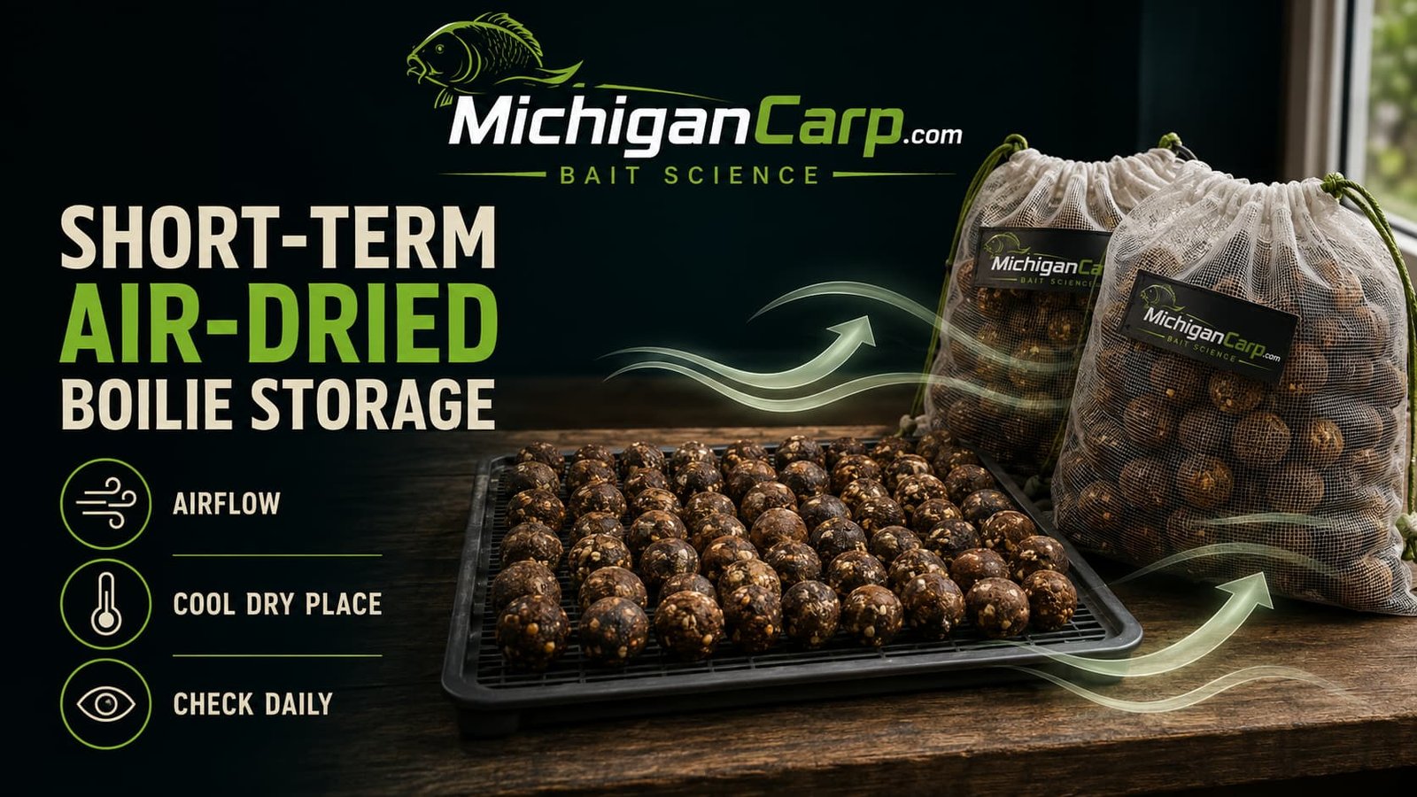 Short-term air-dried boilie storage showing mesh air-dry bags, drying racks, airflow, labels, daily checking and a warning that air-dried bait is not automatically shelf-life.