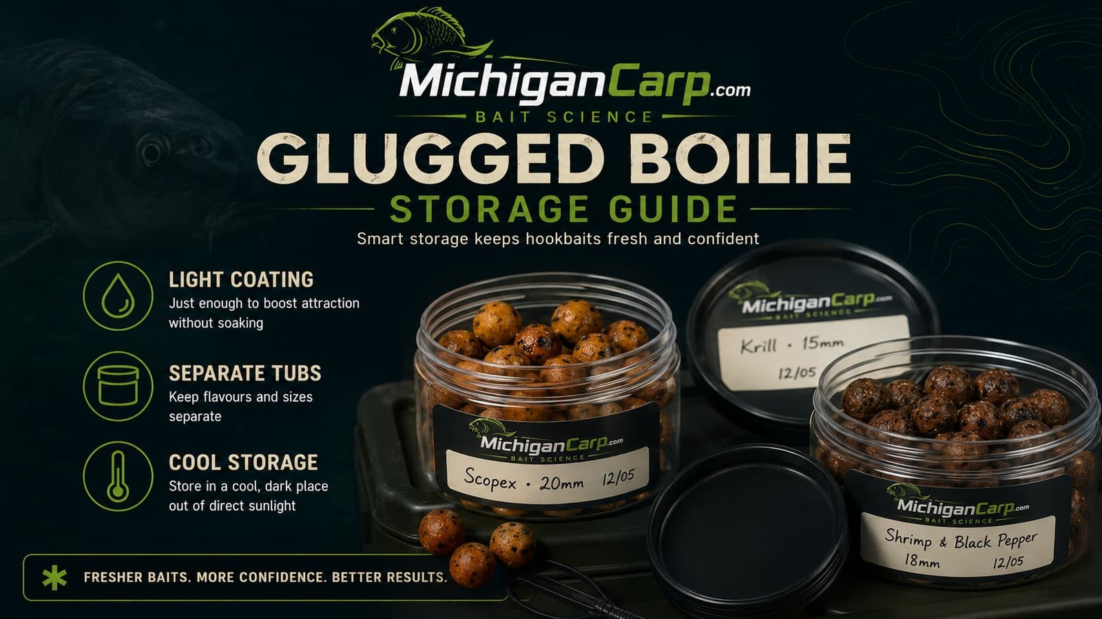 Glugged boilie storage guide showing dry boilies, light liquid coating, hookbait tubs, moisture control, cool storage and warnings against over-glugging.